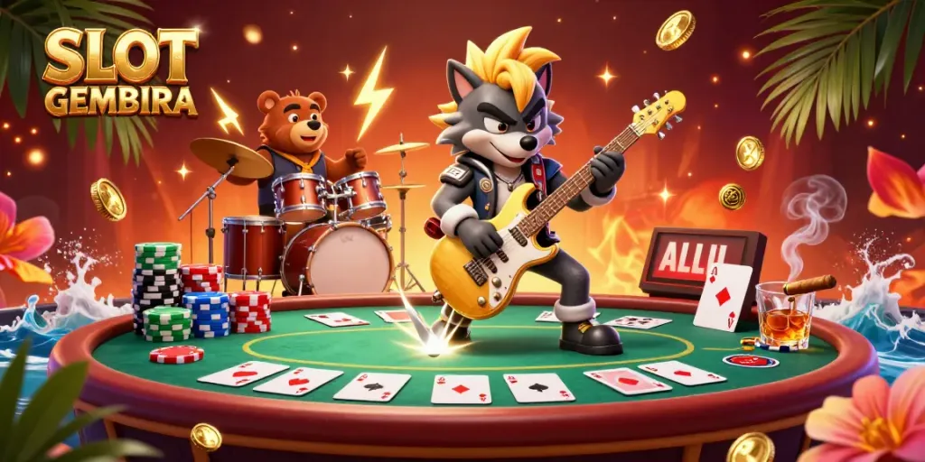 SLOTGEMBIRA showcases a cartoon rock star wolf and drummer bear on a lively casino stage surrounded by poker themes.