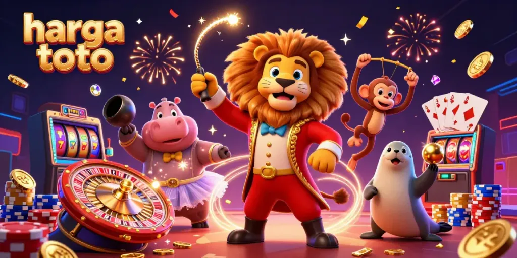 Ilustrasi 3D harga toto dengan karakter sirkus dan elemen kasino yang meriah, dikelilingi koin emas dan batu permata.