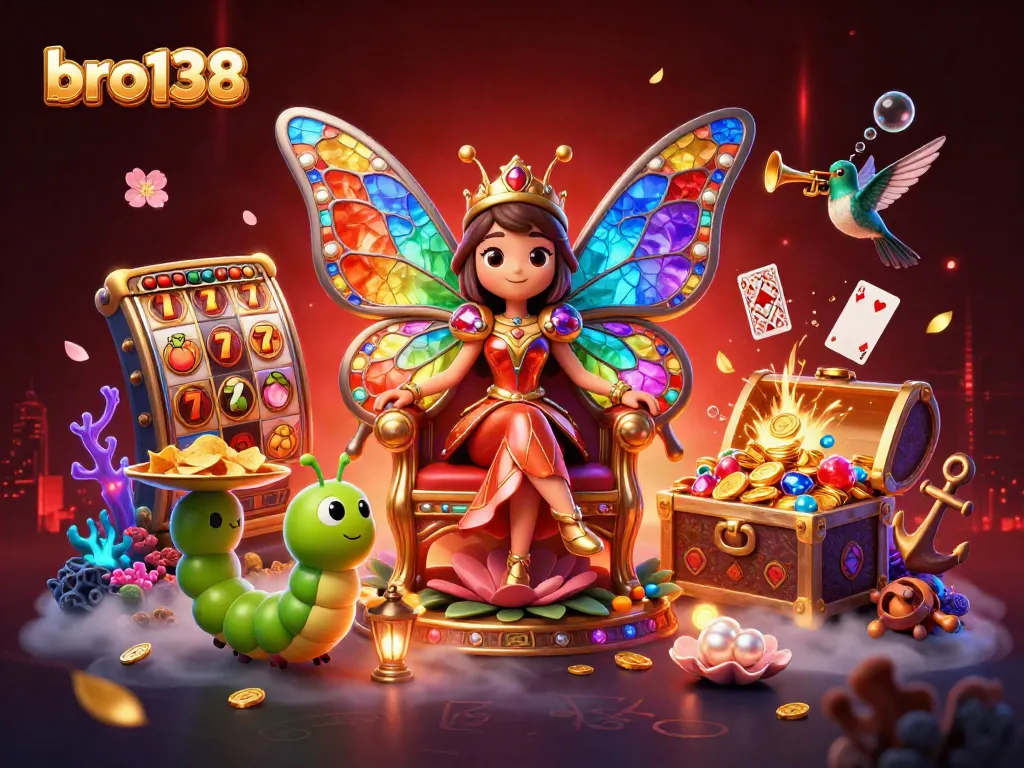 Experience thrilling wins at bro138 with a vibrant casino illustration featuring a butterfly queen and slot reels.