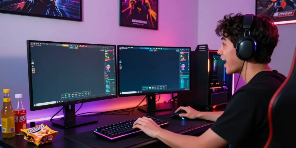 Exciting gaming session showcasing seributoto on dual monitors with vibrant graphics.