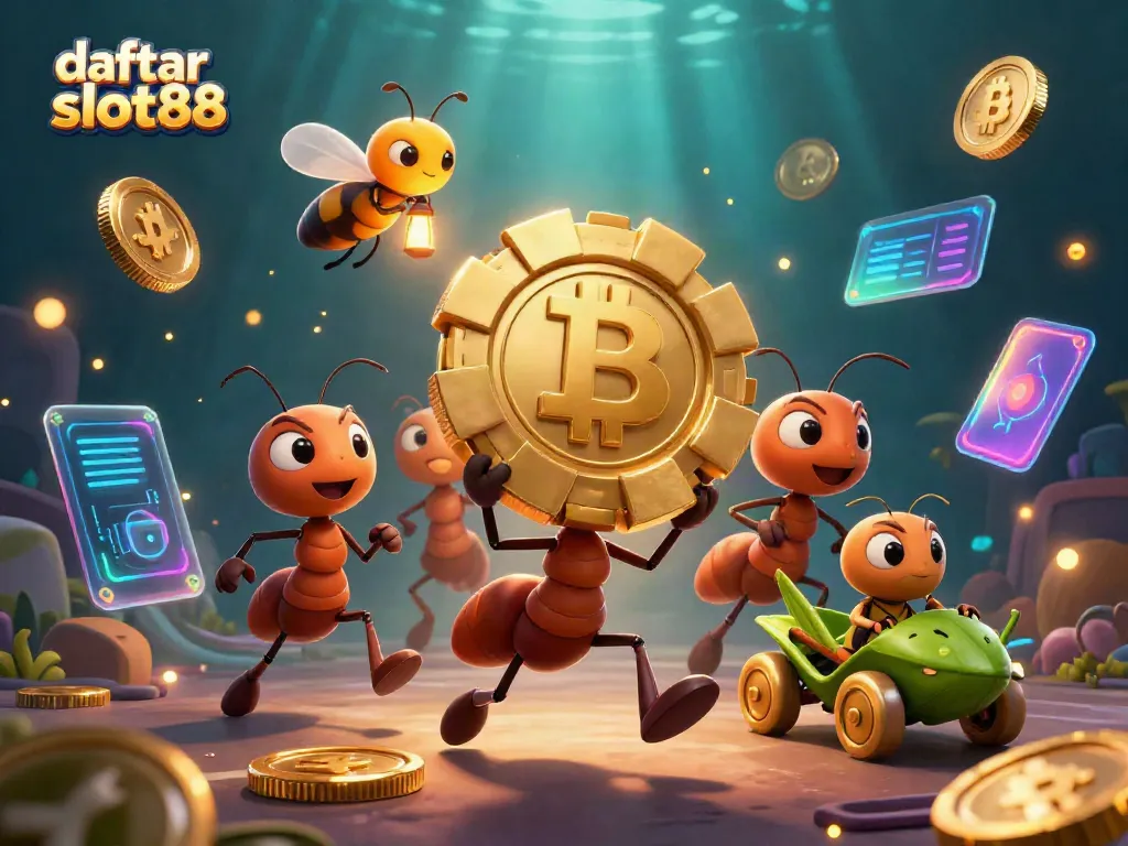Exciting scene with ants carrying a massive golden poker chip, illustrating daftar slot88's dynamic casino adventure.