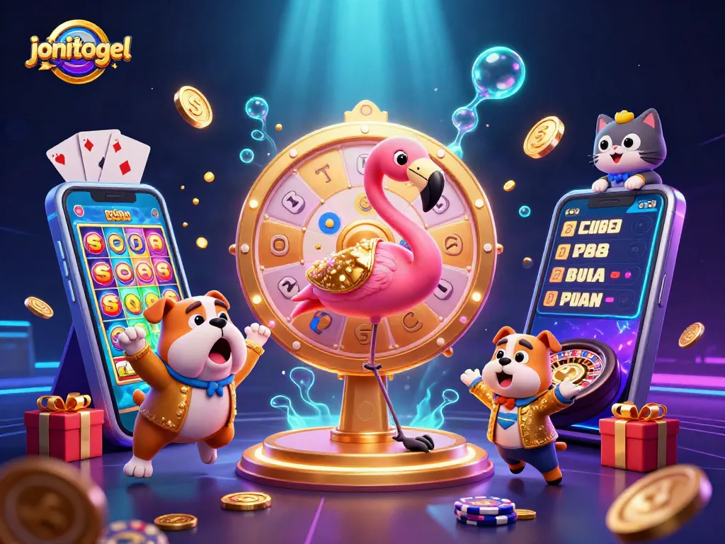 Spin the golden prize wheel with jonitogel's 3D illustration featuring winning casino elements and vibrant characters.