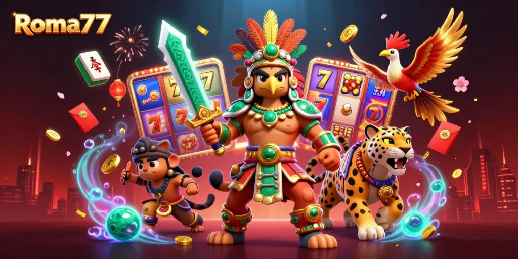 Experience thrilling gameplay at Roma77 with a vibrant scene featuring Aztec warriors and dynamic slot game elements.