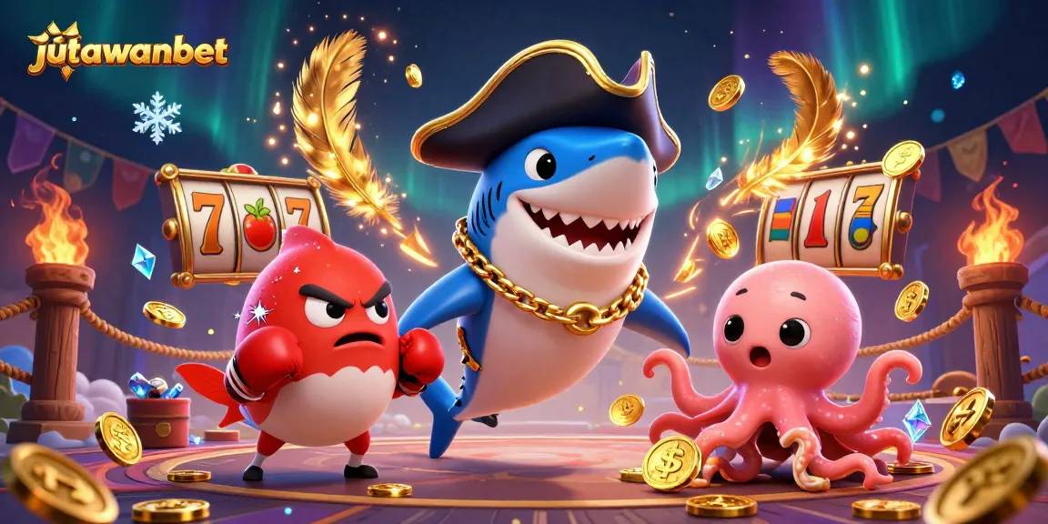 Experience excitement at Jutawanbet with a vibrant 3D casino scene featuring animated characters.
