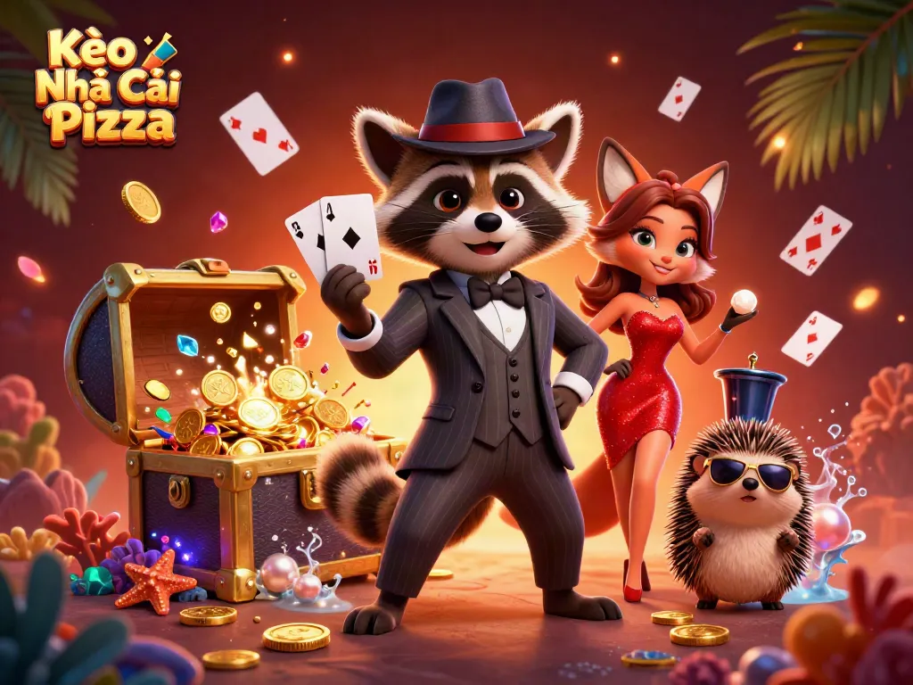 Engage with Kèo Nhà Cái Pizza's vibrant casino scene featuring a raccoon holding a royal flush.