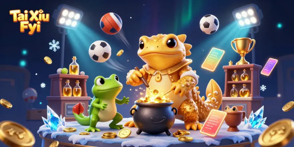 Tài Xỉu Fyi showcases an alchemist and his amphibian assistants creating gold while surrounded by dynamic sports elements.