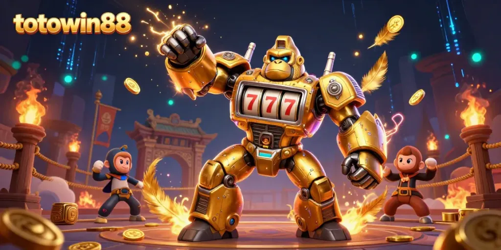 Permainan slot seru di totowin88 dengan gorila emas mech dan koin terbang menjadikan taruhan lebih menyenangkan.