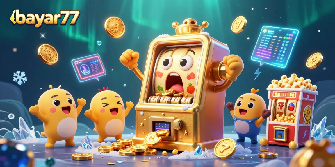 Mesin slot bayar77 menang jackpot dengan koin berkilau mengalir, subjek kasino penuh energi.
