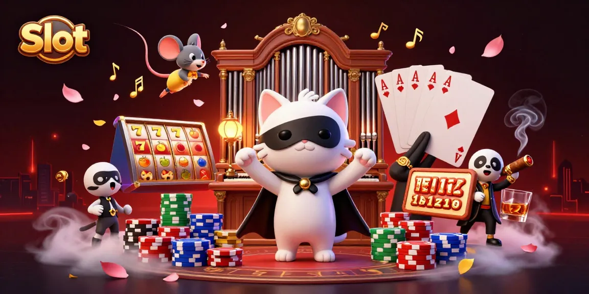 Experience thrilling Slot gameplay with a whimsical phantom and mouse acrobat amidst vibrant casino elements.