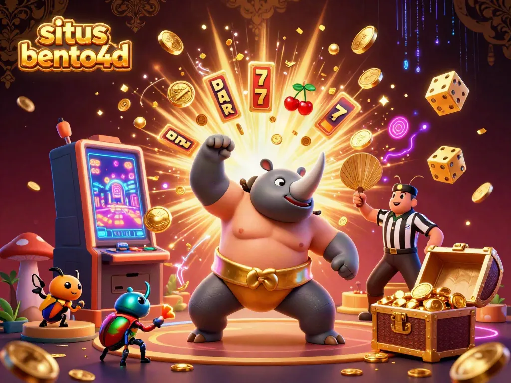 Experience the thrill of situs bento4d with a colorful casino scene featuring a beetle champion and slot machine.