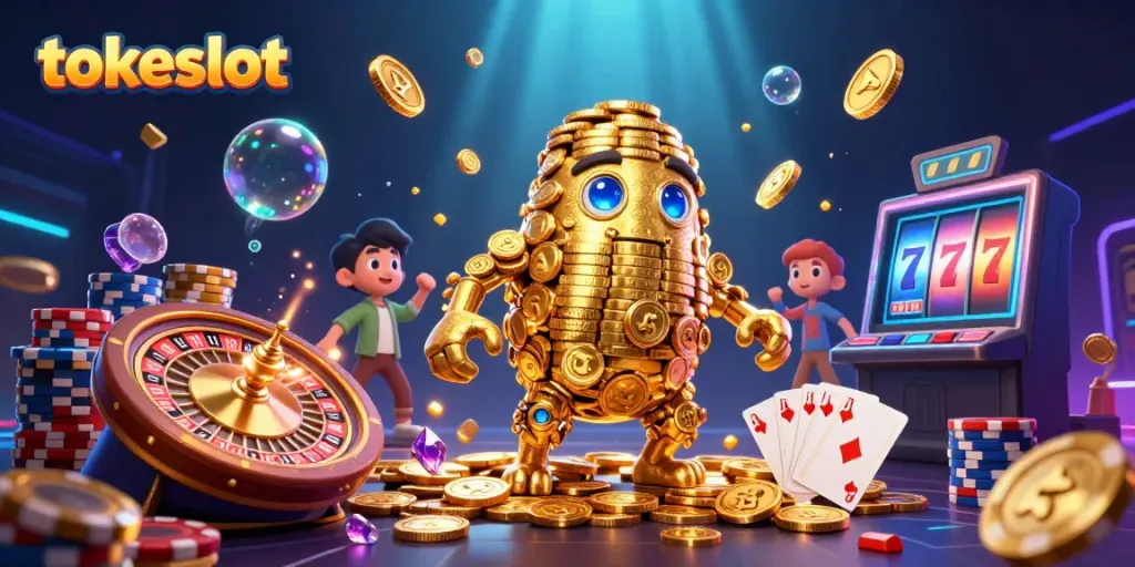 Menangkan tokeslot dengan golem emas yang dikelilingi simbol slot dan chip poker berwarna.