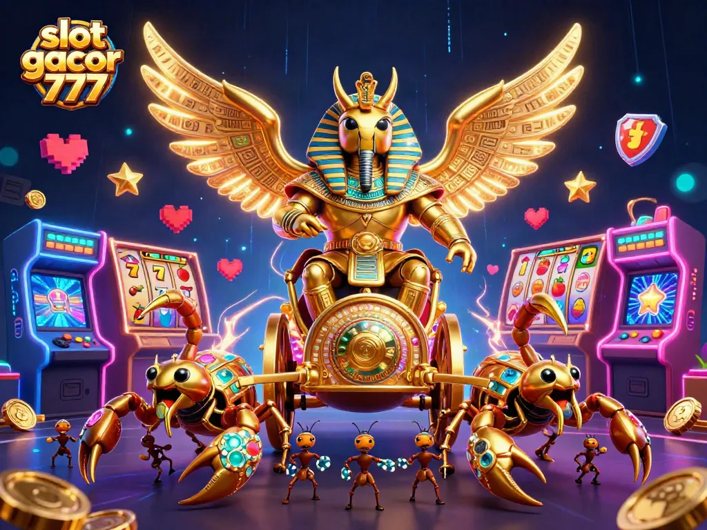 Menggali slot gacor 777 dengan ilustrasi 3D menarik dari karakter kasino penuh warna dan elemen permainan.