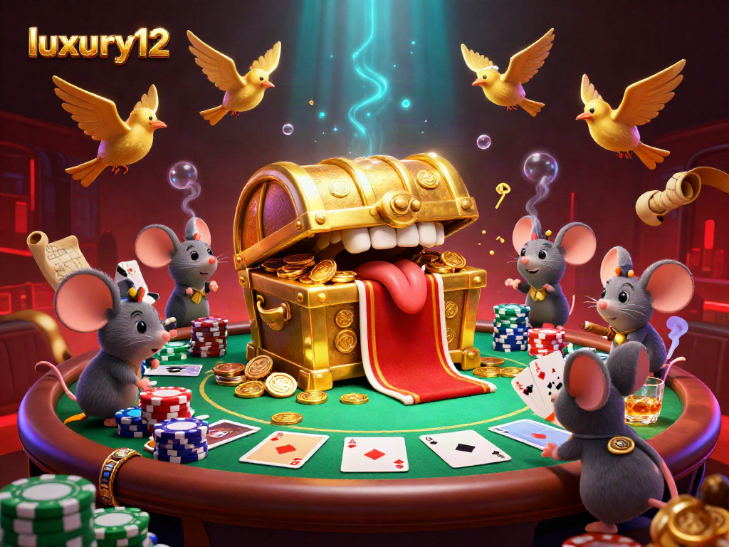Experience the excitement of luxury12 gaming with a vibrant 3D casino scene featuring an animated treasure chest and poker elements.