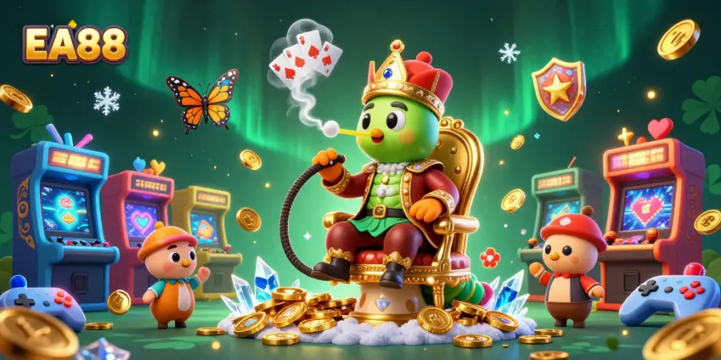Engage with EA88’s vibrant casino world through an intense gaming experience filled with colorful characters and gold.