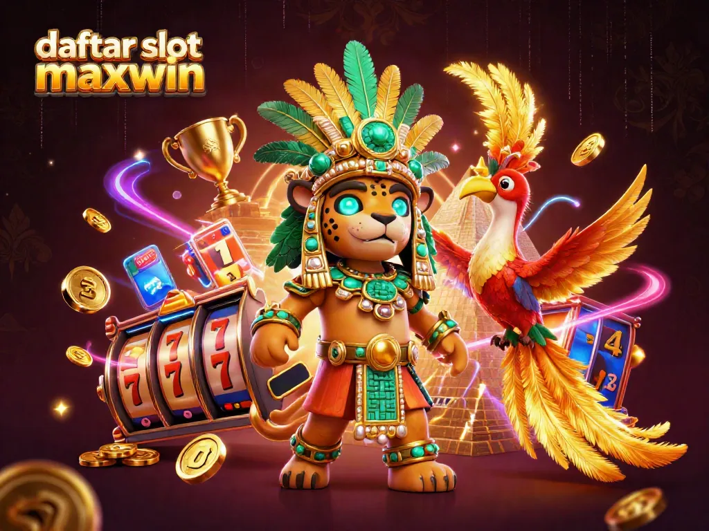 Engage with daftar slot maxwin in this vibrant 3D illustration featuring a Mayan jaguar priest and golden slot reels.