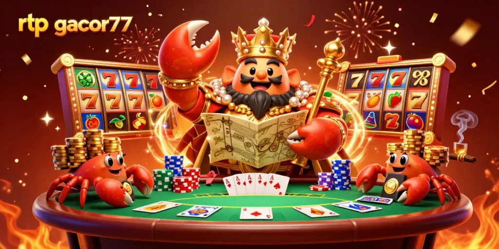 Ilustrasi 3D super detail rtp gacor77 dengan krustasea emas yang megah dan simbol permainan kasino.