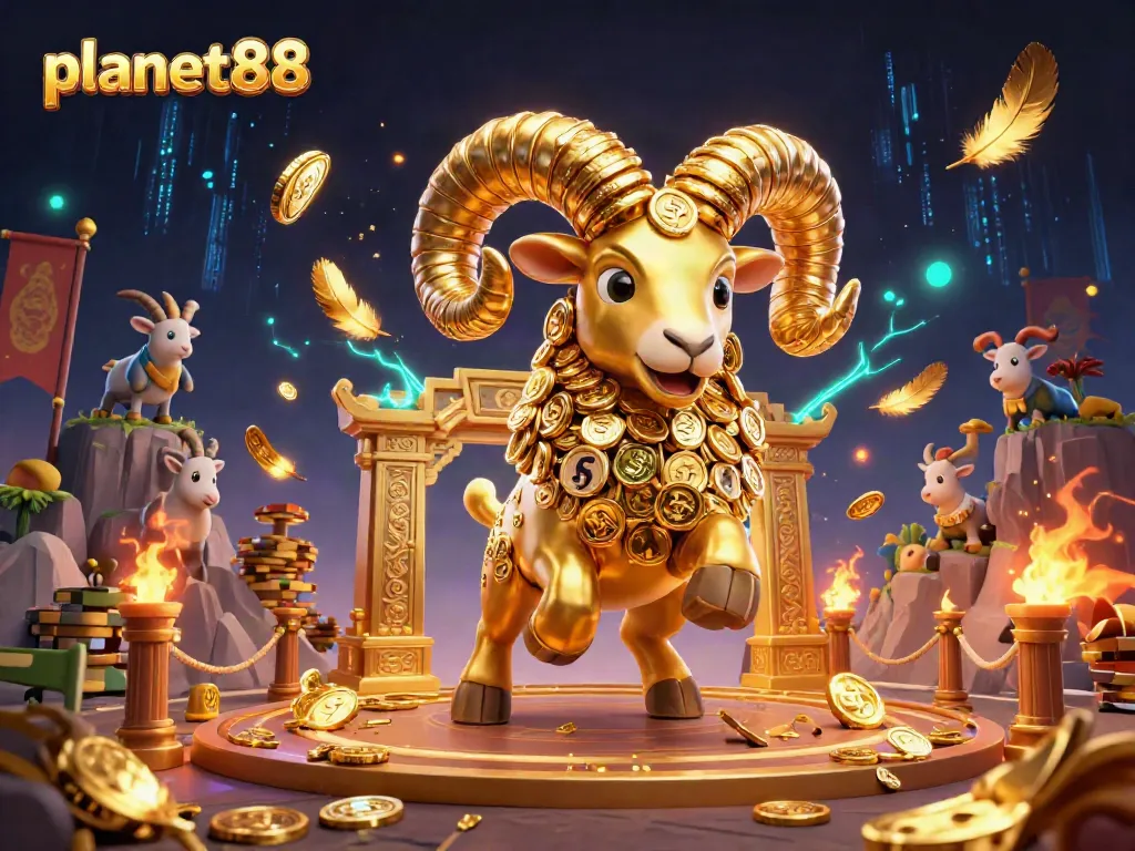 Permainan mendebarkan di planet88 dengan domba emas berlatarkan arena judi yang ramai.