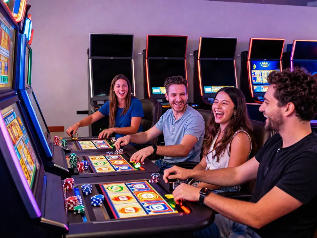 Exciting group of friends playing slot machines in a vibrant casino environment.