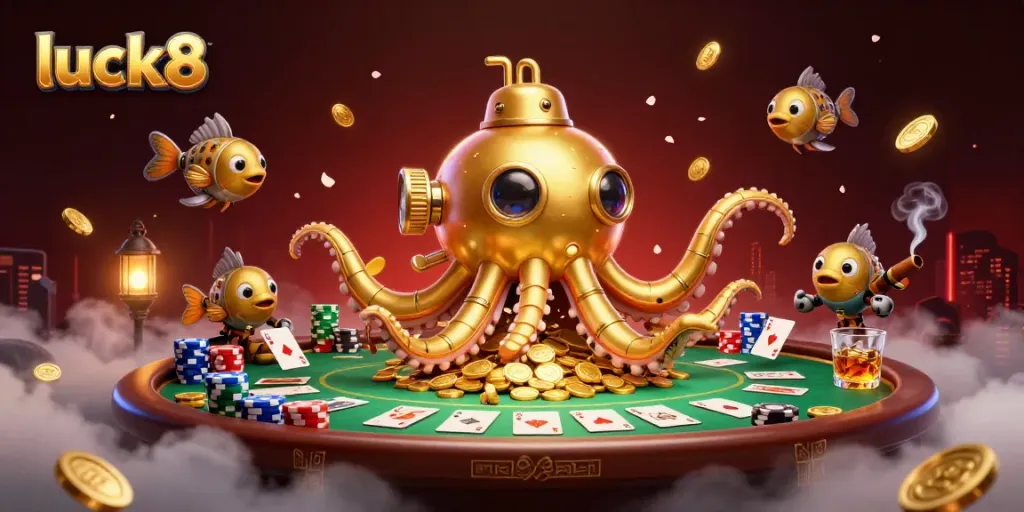 Experience luck8 with a vibrant casino scene featuring a golden kraken and poker elements.