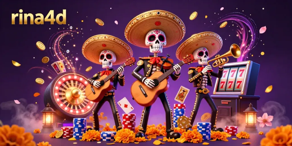 "Experience the vibrancy of rina4d with a lively mariachi scene, gold coins, and roulette action!"
