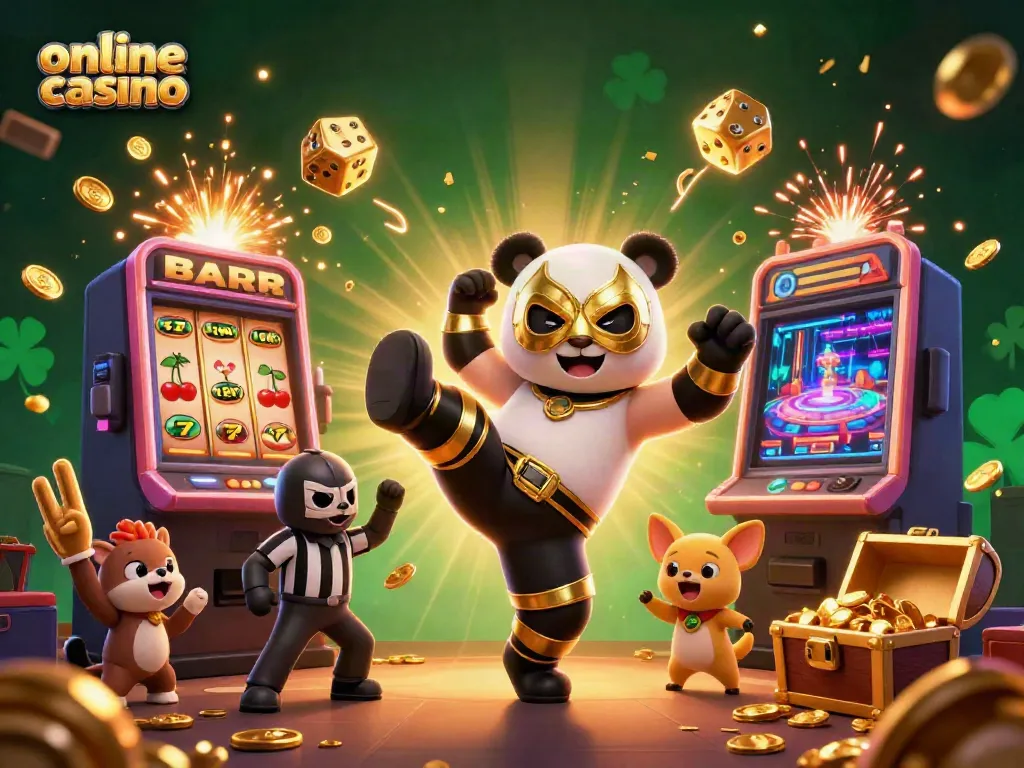 Experience thrilling action in this vibrant online casino scene with a flying panda wrestler amid a jackpot explosion.