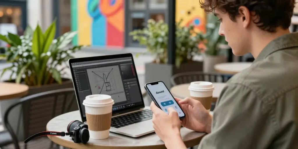 Pengguna aplikasi diana4d di kafe trendi dengan suasana urban yang cerah.