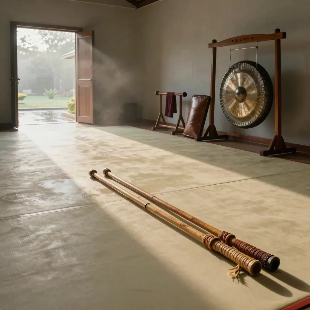 Ruang latihan silat kosong dengan mat krem, gong tembaga, tongkat rotan, dan kabut pagi hujan.