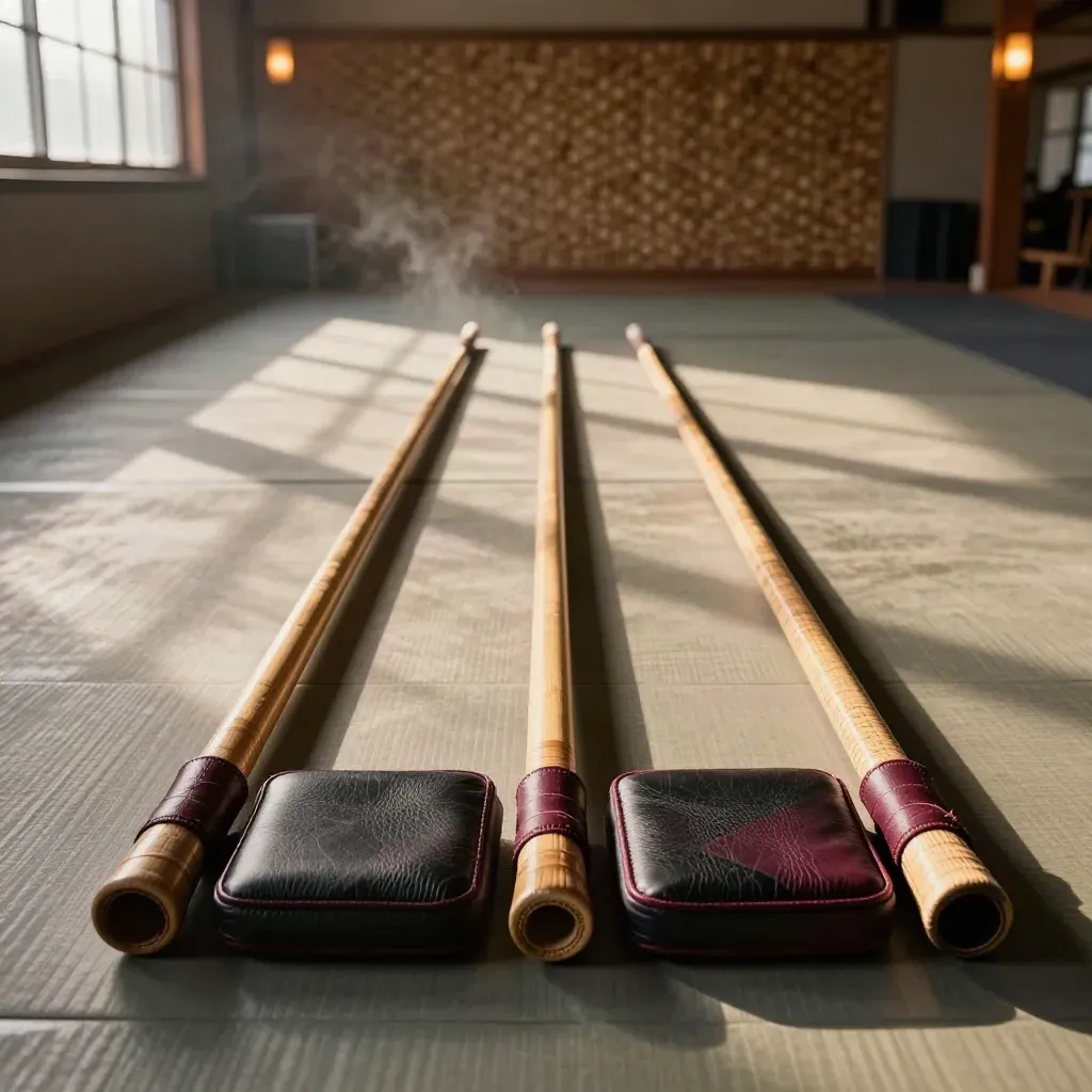 Lorong latihan silat dasar kosong dengan tongkat rattan, target pad, dan marker lantai.