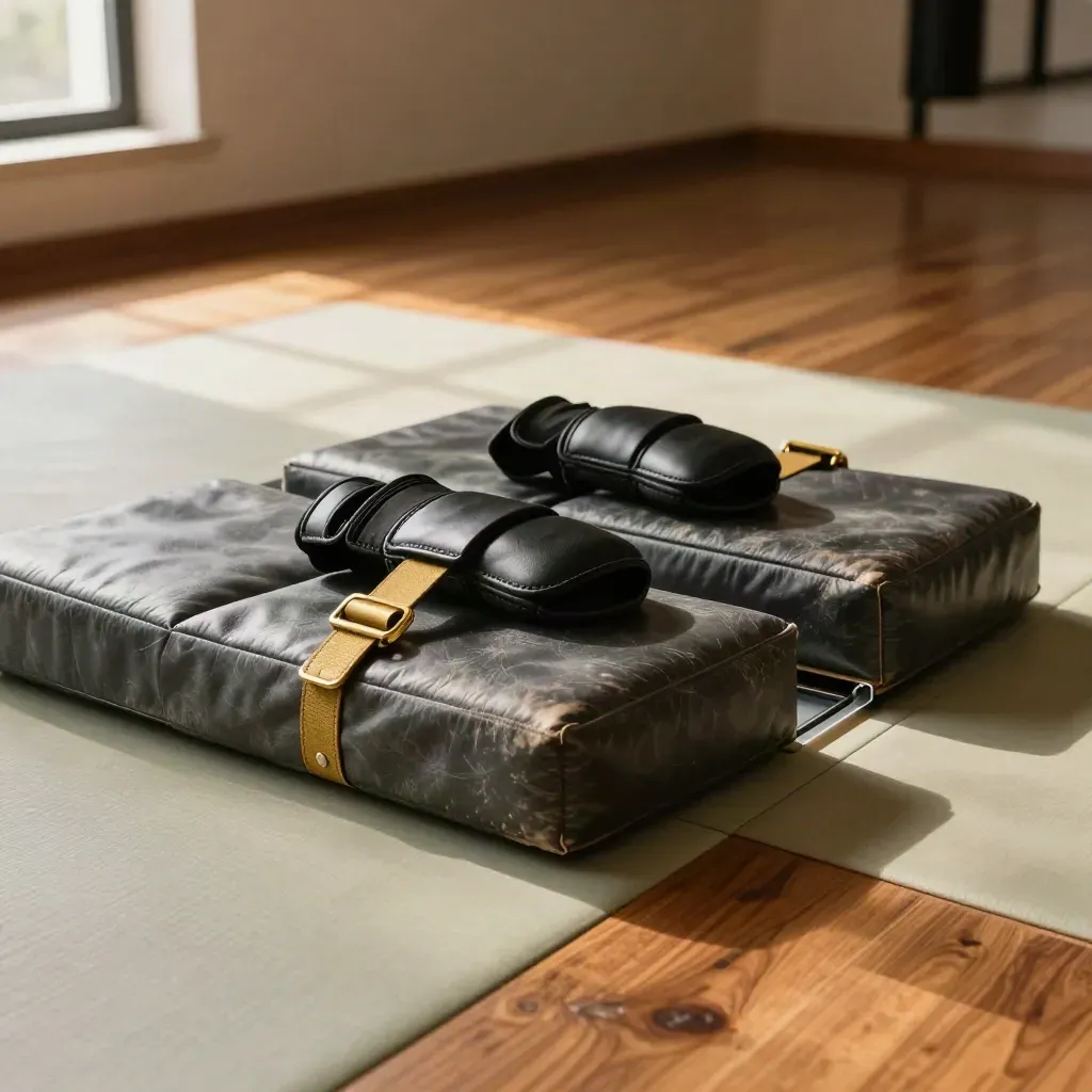 Sudut latihan bela diri pribadi dengan crash pad, pelindung lengan, dan lorong siap drill.
