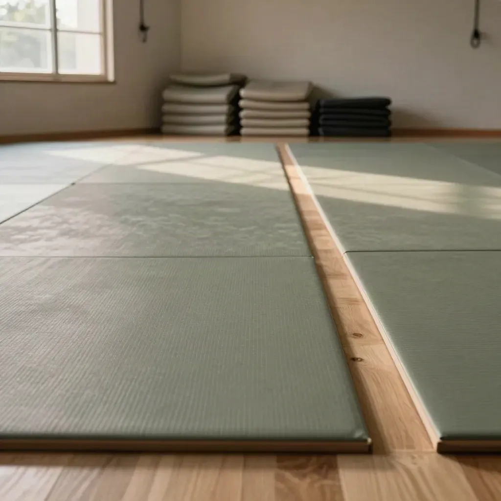 Dojo silat kosong dengan mat rapi, cone lane, pad terlipat, dan cahaya jendela sore.