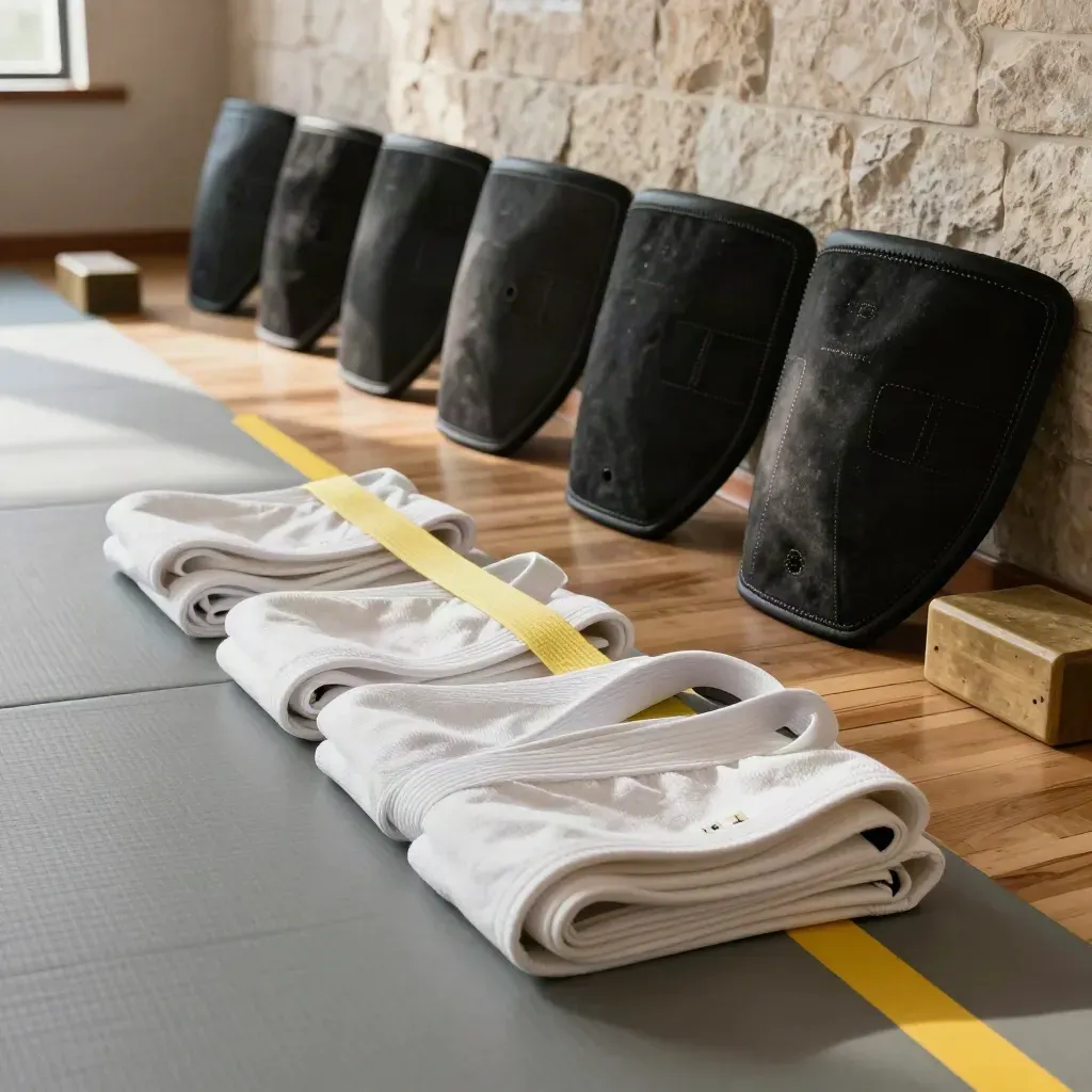 Sabuk putih dan kuning tersusun rapi di jalur ujian dengan target shield di mat dojo.