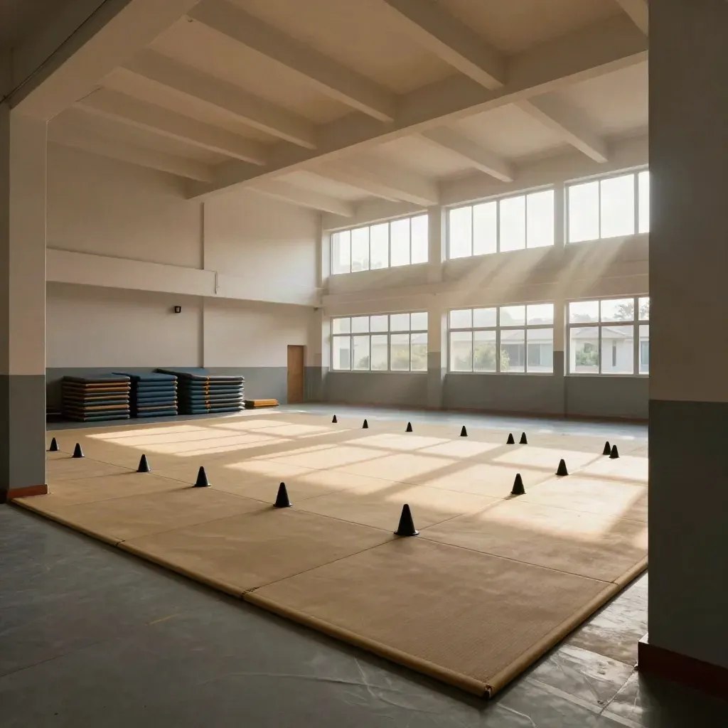 Ruang workshop silat sekolah Bandung dengan mat lipat, cone grid, dan drill square di aula tinggi.