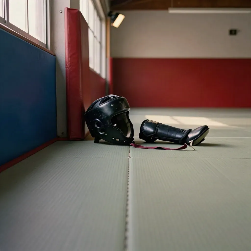 Sudut mat silat remaja dengan headguard, shin guard, dan pad biru-merah