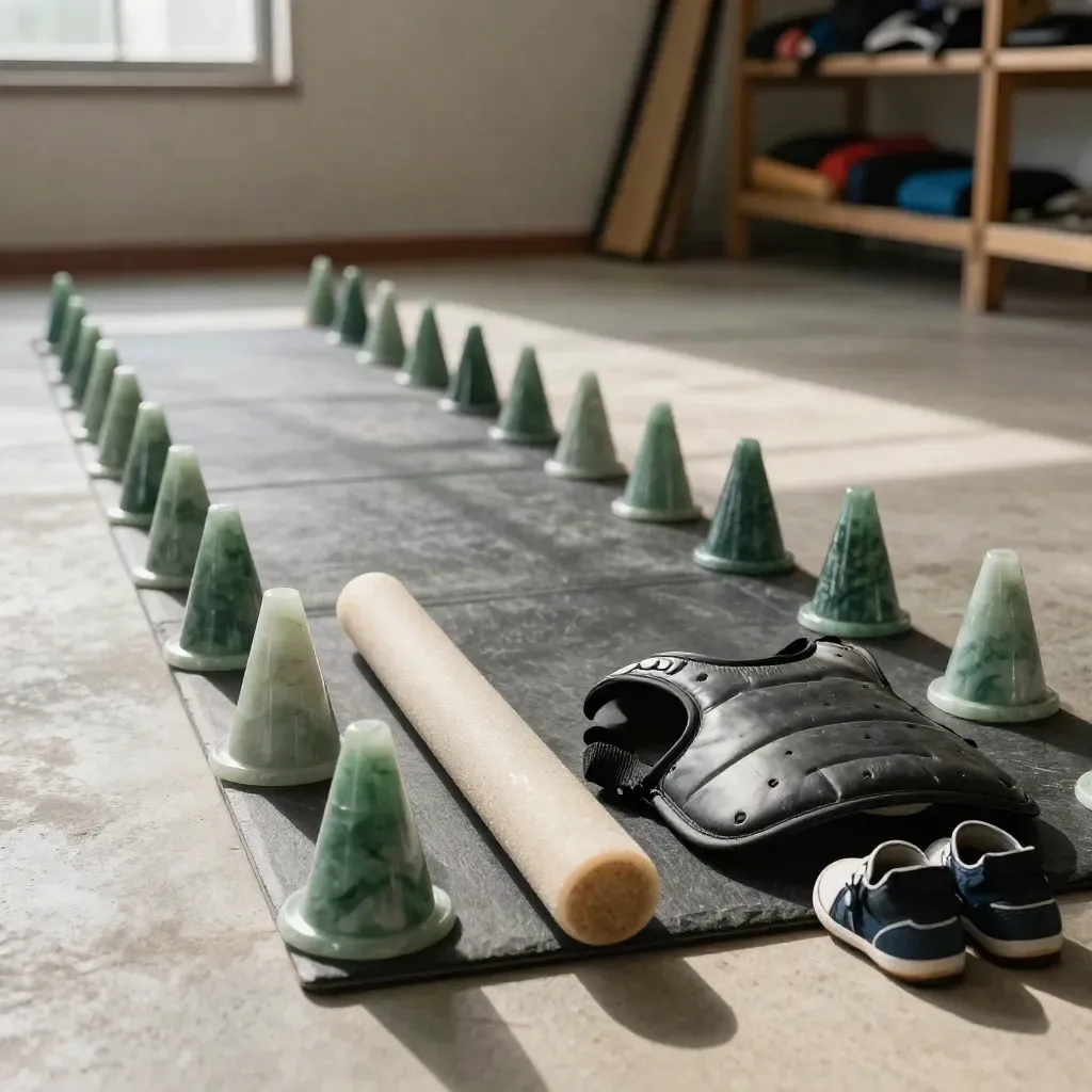 Lane latihan anak rapi dengan cone mini, foam stick, pelindung dada kecil, dan sepatu tersusun.