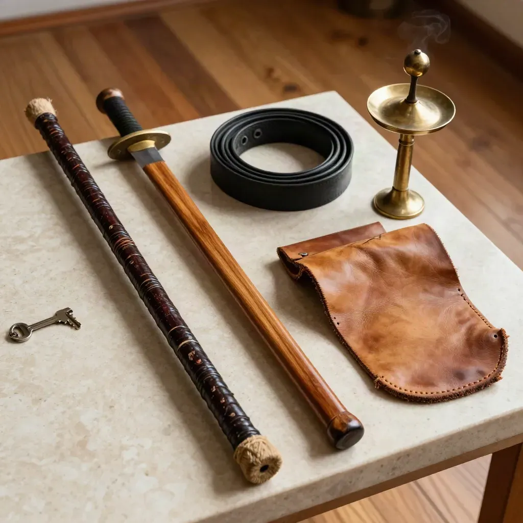 Perlengkapan pelatih silat di travertine: tongkat rattan, pedang kayu, sabuk hitam, striker gong, pad kulit.