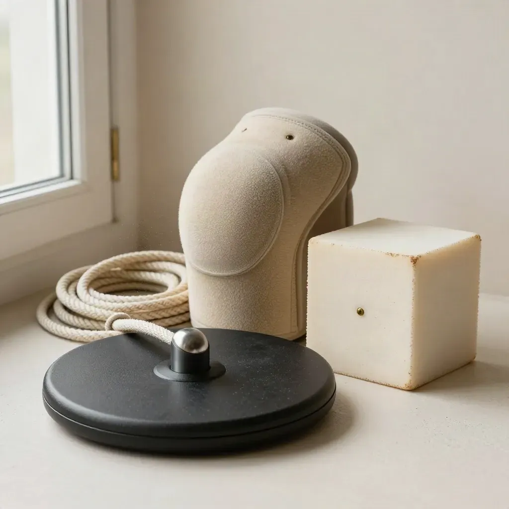Alat tes gerak dasar silat: balance disc, tali skipping, knee pad, dan blok foam di latar putih lembut.