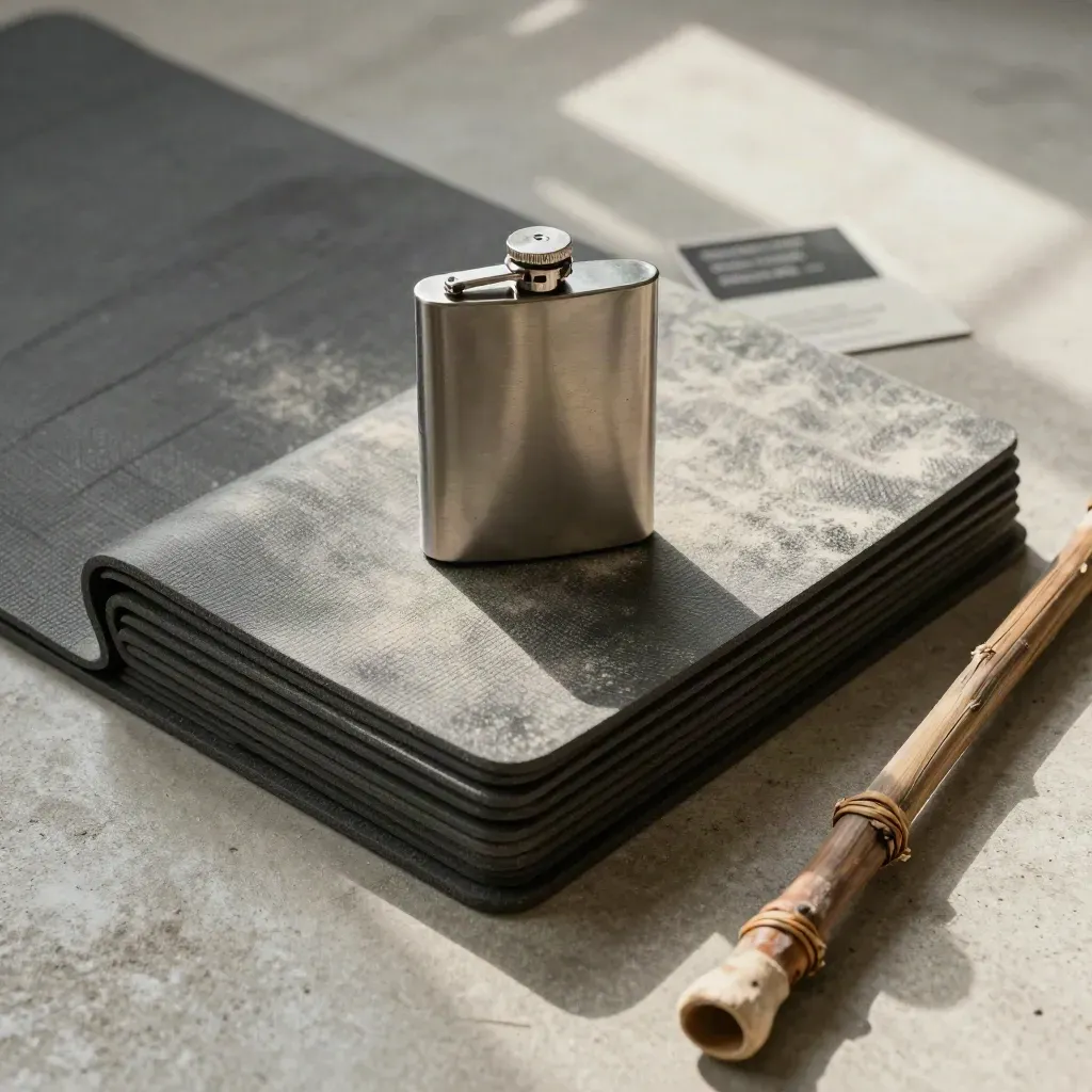Mat latihan terlipat, flask logam, dan tongkat rattan usang di atas beton matte.