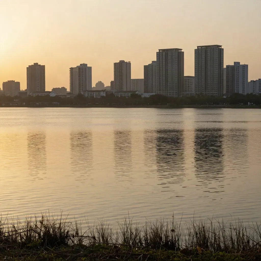 Danau tenang Tangerang Raya dengan siluet gedung rendah dan pantulan emas saat senja