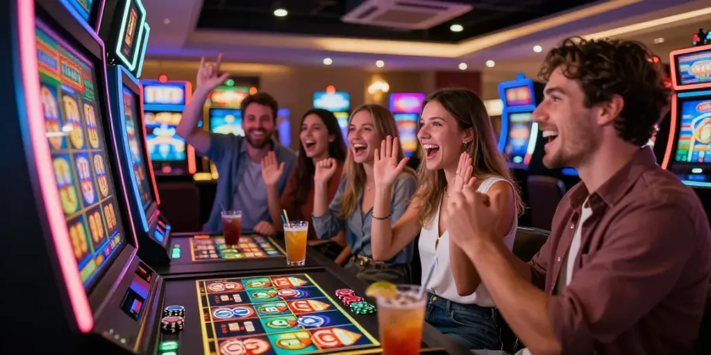 Friends celebrating a win at a slot gacor machine in a lively casino atmosphere, showcasing excitement and camaraderie.