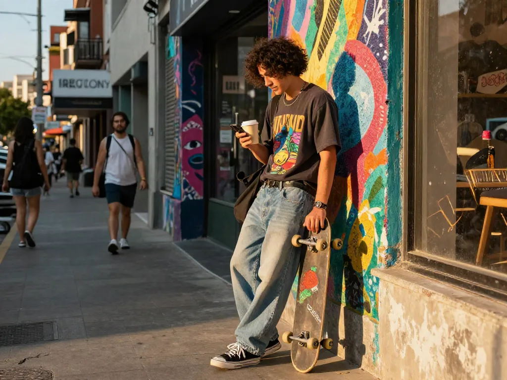 Pemuda dengan skateboard dan pakaian kasual berdiri di jalan kota, menggambarkan gaya hidup pecah25 yang energik dan kreatif.
