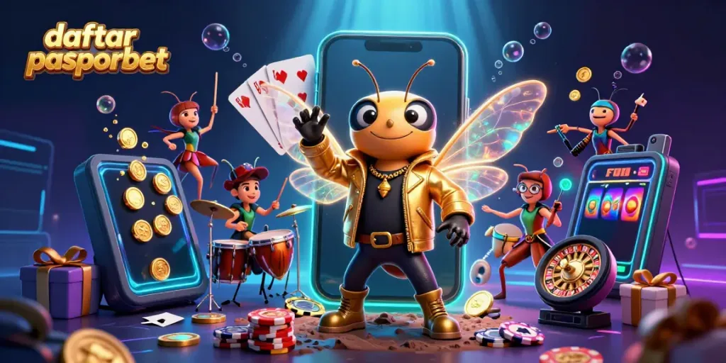 Gambarkan daftar pasporbet dengan cicada rock star 3D dan permainan slot di sekitarnya.