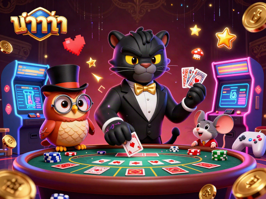 Play baccarat with style featuring the black panther dealer and charming owl amidst casino elements.