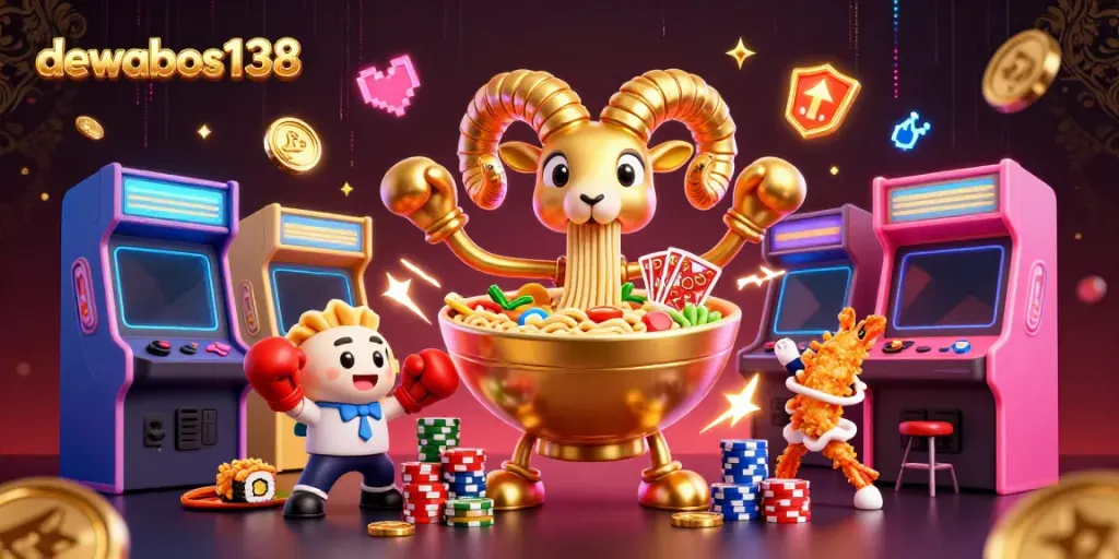 Permainan judi seru di dewabos138 dengan karakter lucu dan mesin arcade berwarna-warni.