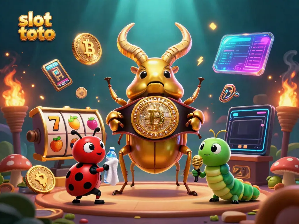 Experience exhilarating play with slot toto featuring a giant golden stag beetle in a vibrant casino environment.