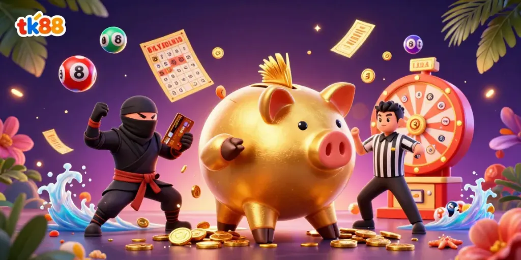 Engaging illustration showcasing tk88 – a golden piggy bank sumo wrestler and colorful lottery elements, perfect for casino excitement.
