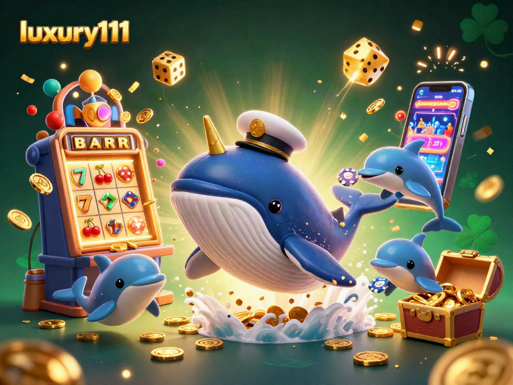 Experience casino excitement with luxury111 as a whale breaching coins, complemented by vibrant slot machine elements.