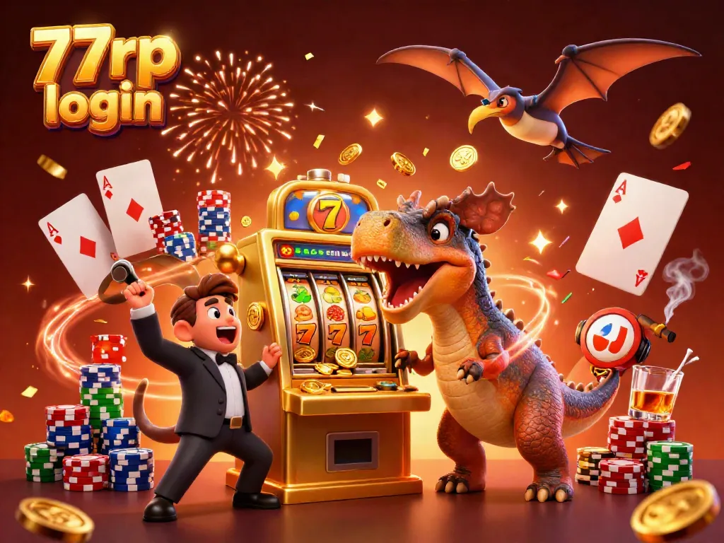 Engage in thrilling gameplay with 77rp login as a dinosaur hits a golden slot machine for jackpot coins.