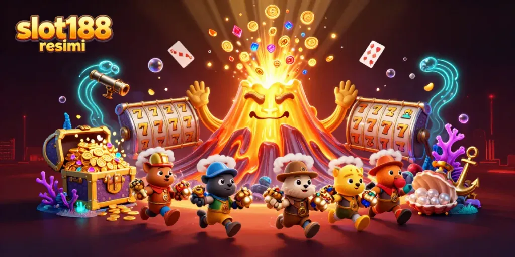 Melihat slot188 resmi dengan animasi mengesankan dari gunung berapi emas dan karakter menarik.