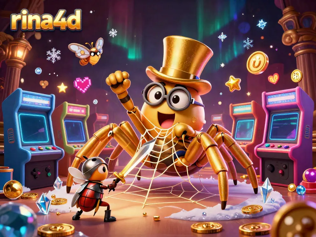 Experience rina4d's exciting casino adventure with a golden tarantula, knight, and vibrant game elements.