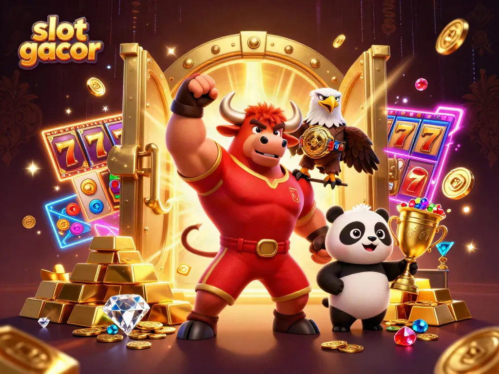 Experience thrilling slot gacor action with a muscular bull mascot and a cheerful panda celebrating wins among gold treasures.